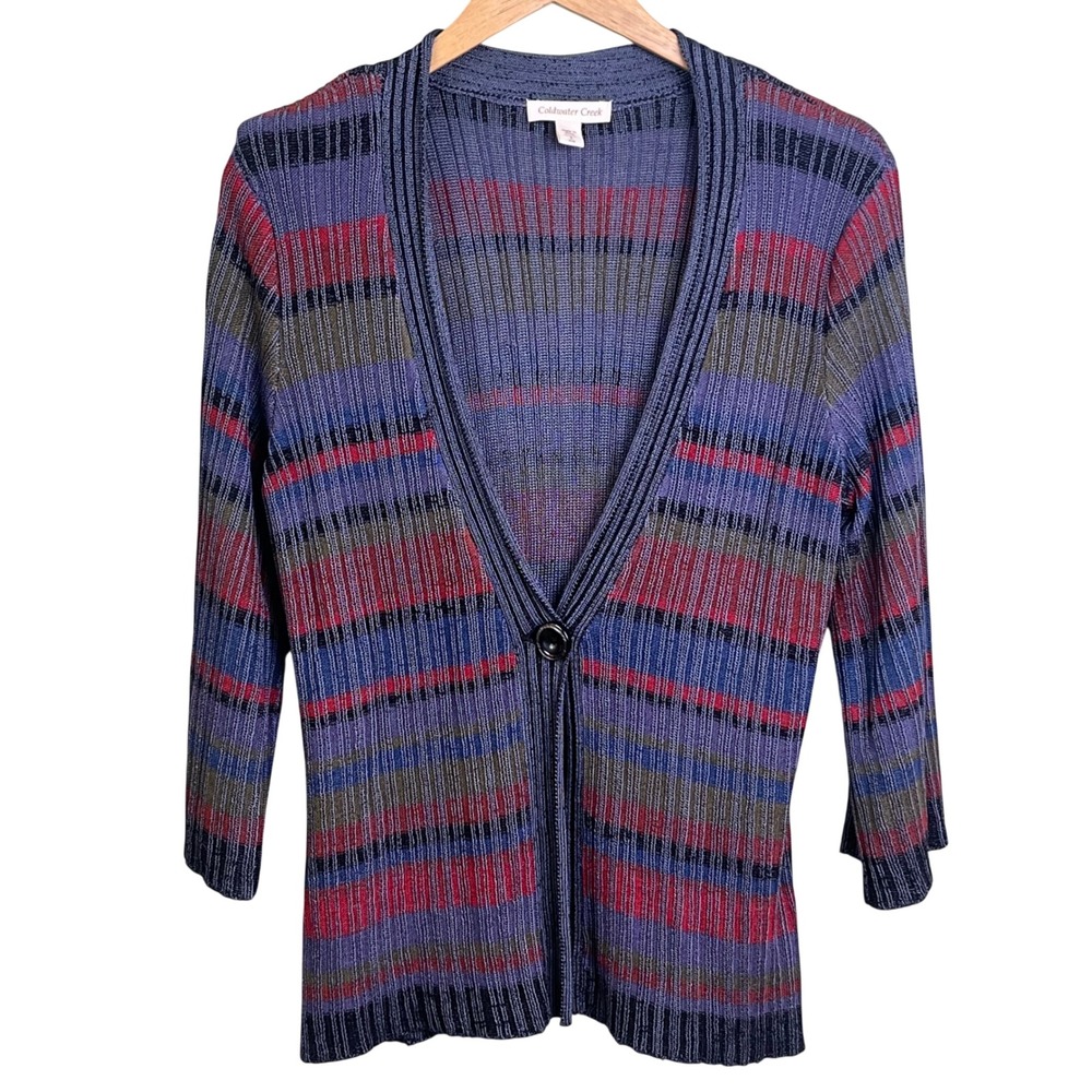 Coldwater Creek Multicolored Ribbed V Neck One Button Cardigan Small 6-8